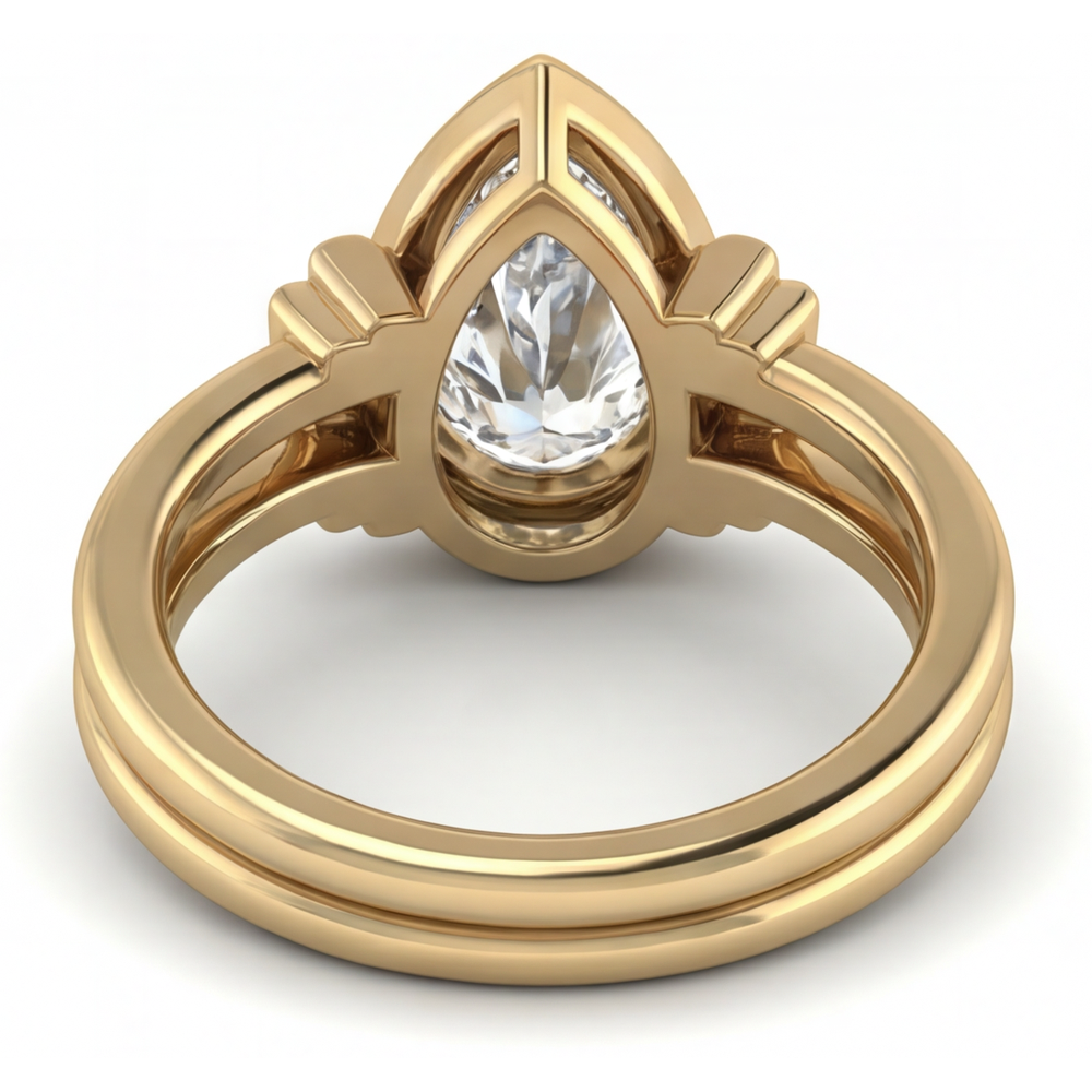 Tropfen-Schliff Edler Diamant Ring in 14K Gelbgold – Rückansicht