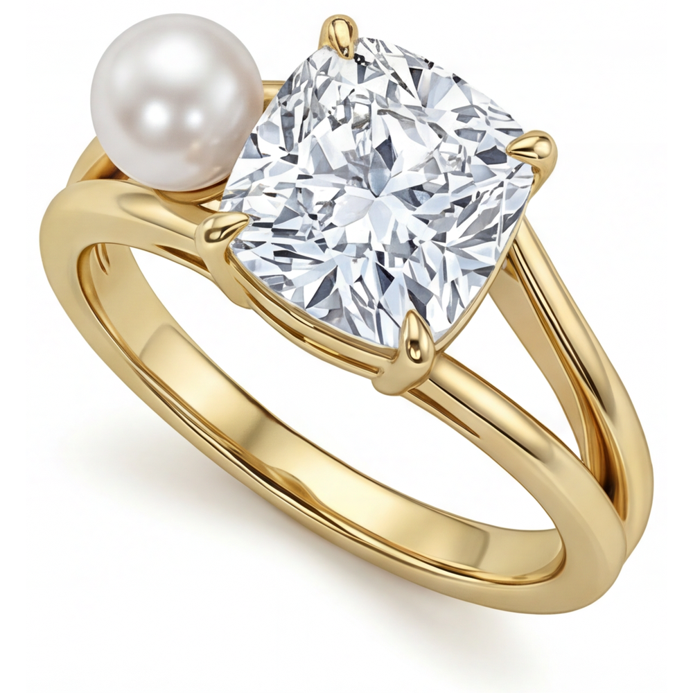Cushion Edler Diamant Ring in 14K Gelbgold – Seitenansicht