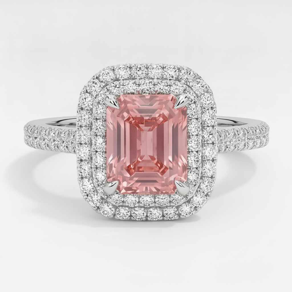 Padparadscha-Saphir-Ring 3,8 Karat Natürlicher Smaragd Doppel-Halo 14 Karat Weißgold