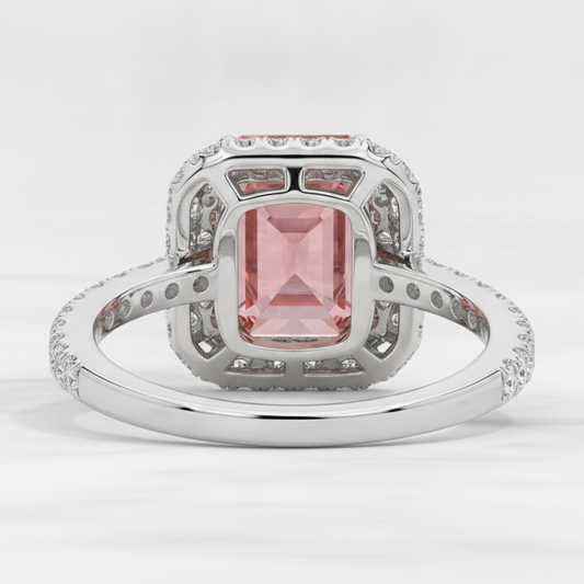 Padparadscha-Saphir-Ring 3,8 Karat Natürlicher Smaragd Doppel-Halo 14 Karat Weißgold