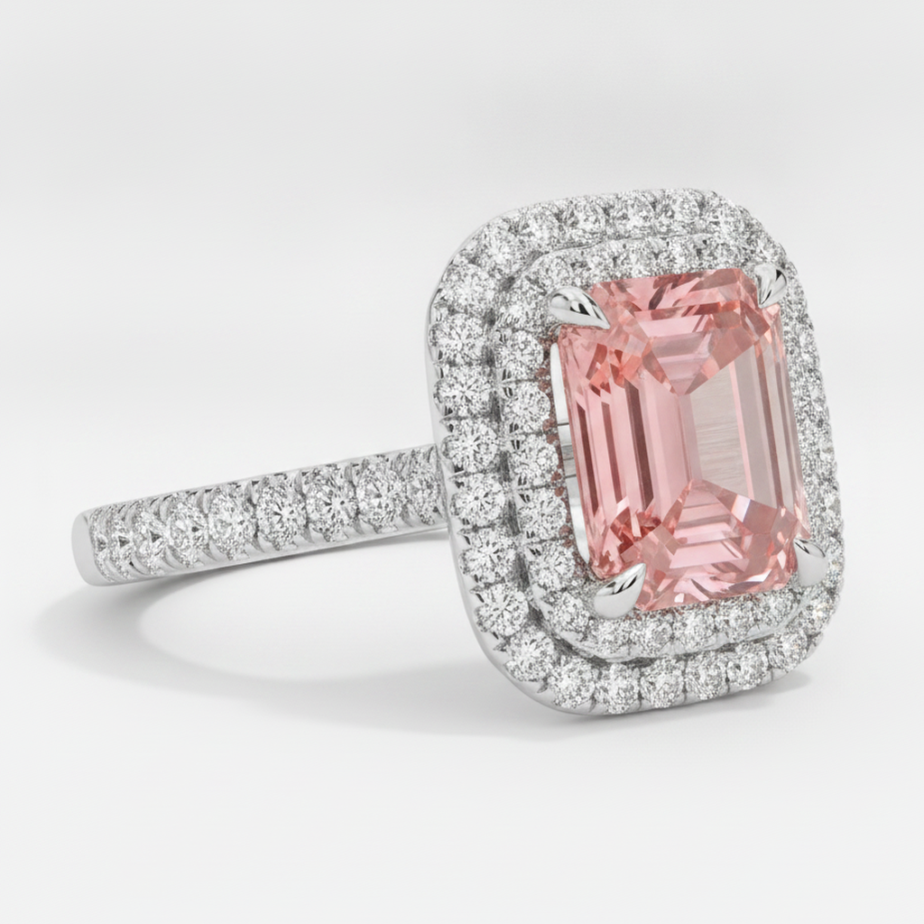Padparadscha-Saphir-Ring 3,8 Karat Natürlicher Smaragd Doppel-Halo 14 Karat Weißgold