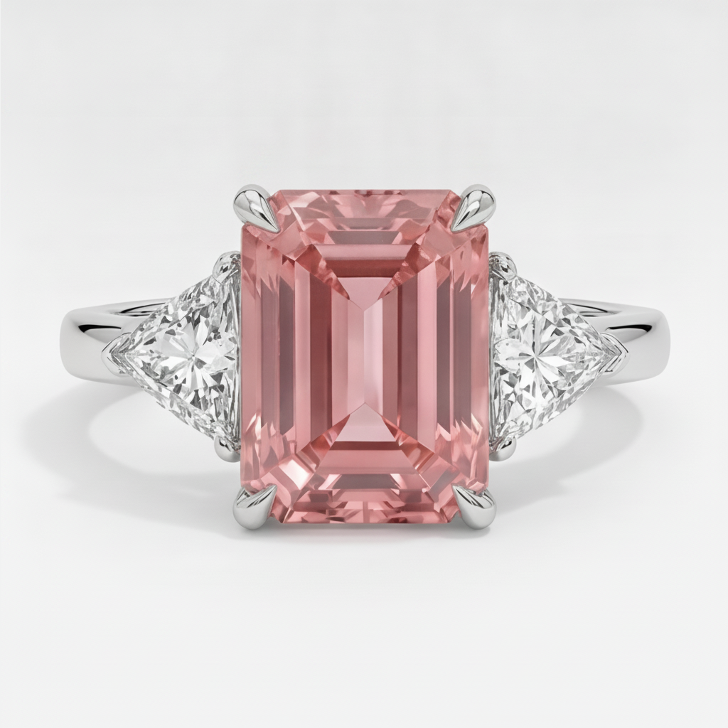 Padparadscha-Saphir-Ring 3,6 Karat, echter Smaragd und weißer Trillant, Dreistein, Platin