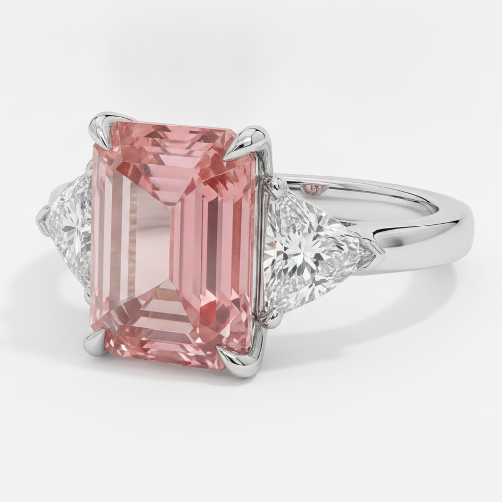 Padparadscha-Saphir-Ring 3,6 Karat Echter Smaragd und Weißer Trillant Dreistein Platin