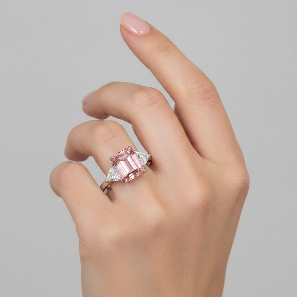 Padparadscha-Saphir-Ring 3,6 Karat Echter Smaragd und Weißer Trillant Dreistein Platin