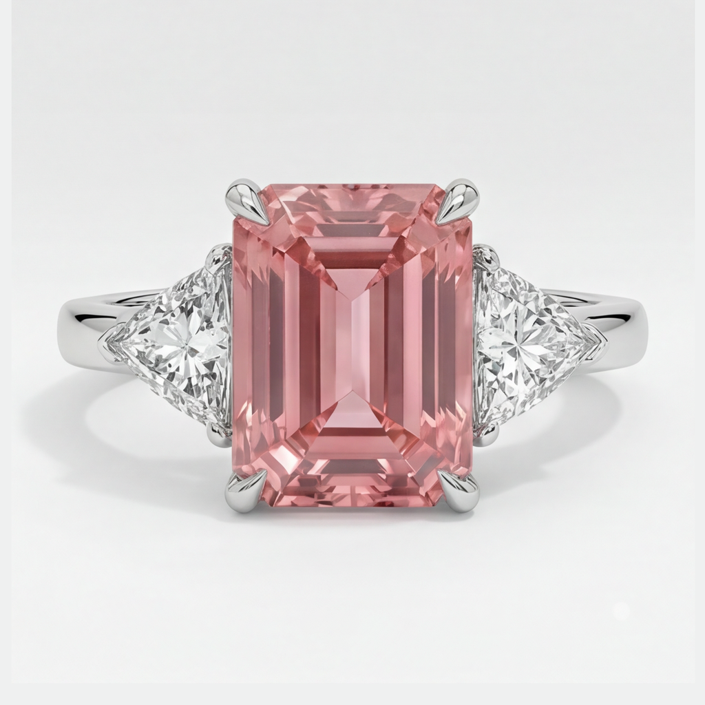 Padparadscha-Saphir-Ring 3,6 Karat, echter Smaragd und weißer Trillant, Dreistein, Platin