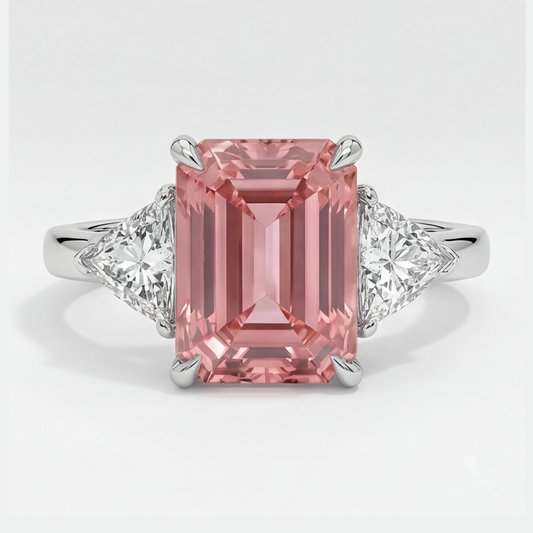 Padparadscha-Saphir-Ring 3,6 Karat, echter Smaragd und weißer Trillant, Dreistein, Platin