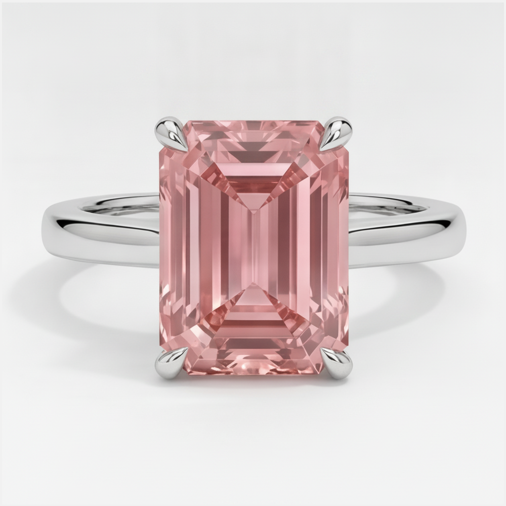 Solitärring mit echtem pfirsichfarbenem Padparadscha-Saphir im Smaragdschliff, 2,5 Karat, 14 Karat Weißgold