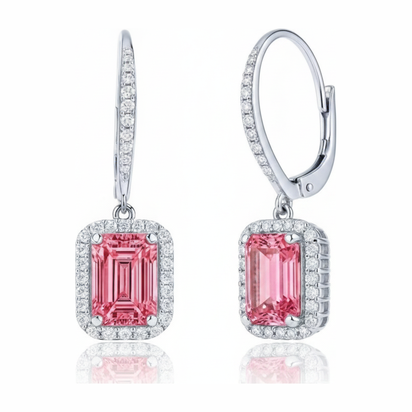 Rosa Diamant Ohrringe 2,4 Karat im Labor gezüchtet Smaragdschliff Halo Klappbrisur 14 Karat Weißgold