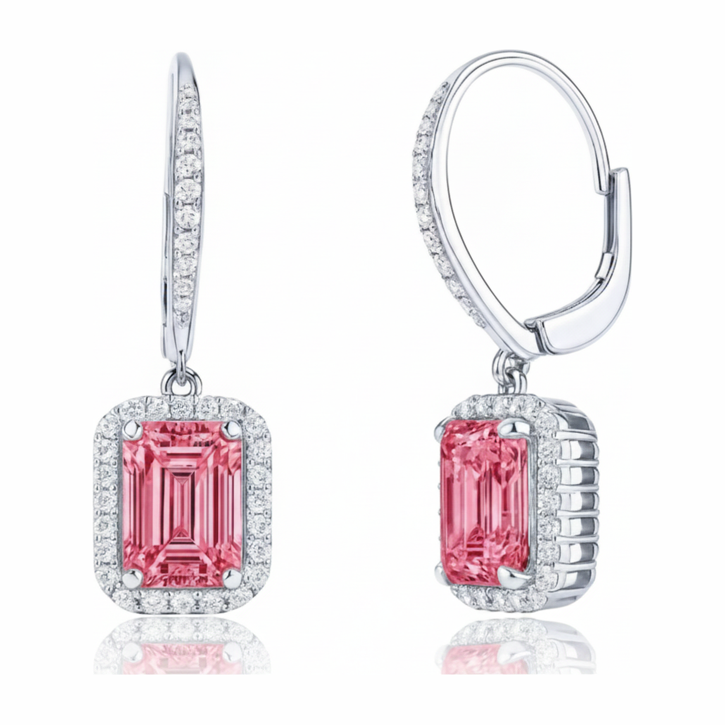 Rosa Diamant Ohrringe 2,4 Karat im Labor gezüchtet Smaragdschliff Halo Klappbrisur 14 Karat Weißgold