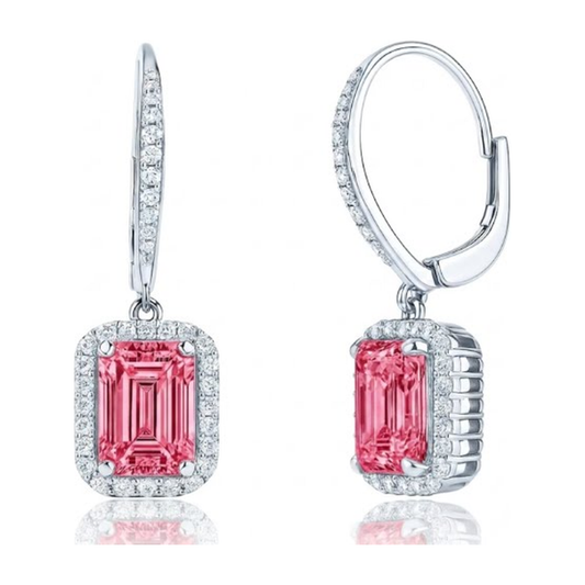 Rosa Diamant Ohrringe 2,4 Karat im Labor gezüchtet Smaragdschliff Halo Klappbrisur 14 Karat Weißgold