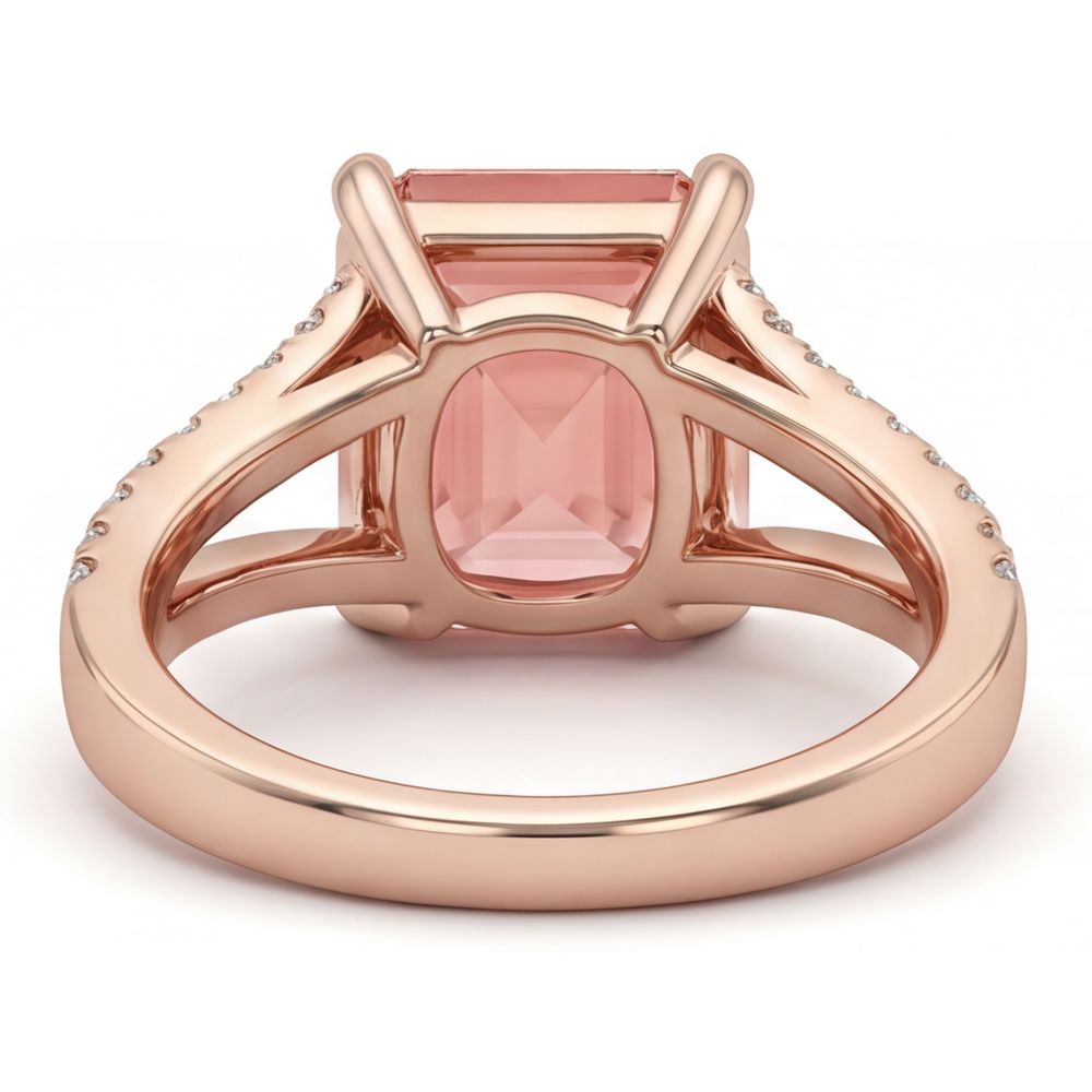 Verlobungsring mit pfirsichfarbenem Saphir, 4,3 Karat, im Labor gezüchteter Padparadscha im Smaragdschliff, Pavé, 14 Karat Roségold