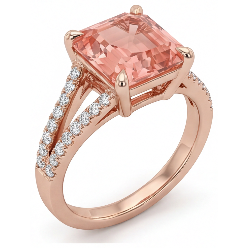 Verlobungsring mit pfirsichfarbenem Saphir, 4,3 Karat, im Labor gezüchteter Padparadscha im Smaragdschliff, Pavé, 14 Karat Roségold
