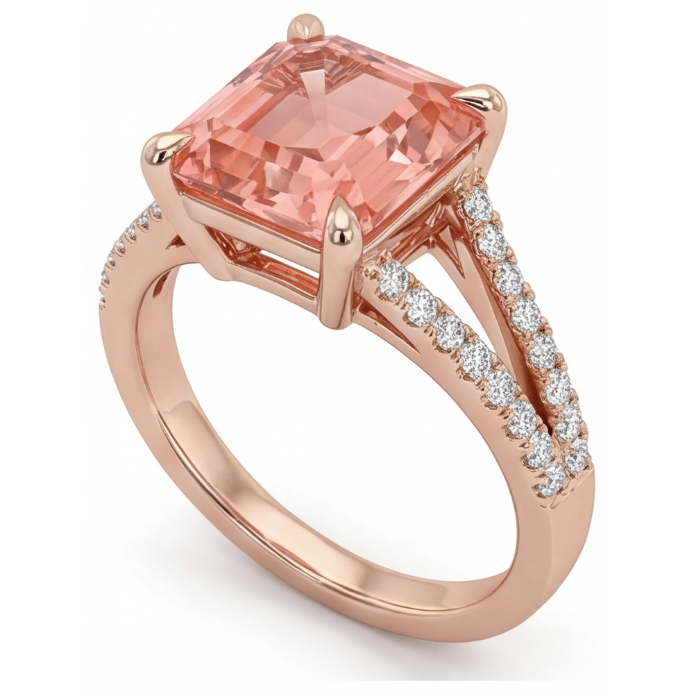Pfirsich-Saphir-Verlobungsring, 4,3 Karat, im Labor gezüchtet, Padparadscha im Smaragdschliff, Pavé, 14 Karat Roségold