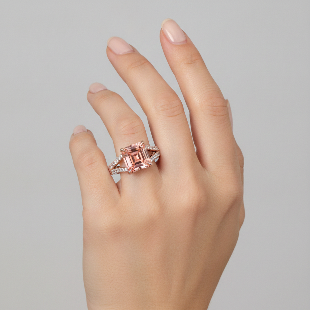 Pfirsich-Saphir-Verlobungsring, 4,3 Karat, im Labor gezüchtet, Padparadscha im Smaragdschliff, Pavé, 14 Karat Roségold