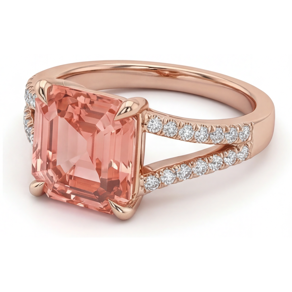 Verlobungsring mit pfirsichfarbenem Saphir, 4,3 Karat, im Labor gezüchteter Padparadscha im Smaragdschliff, Pavé, 14 Karat Roségold