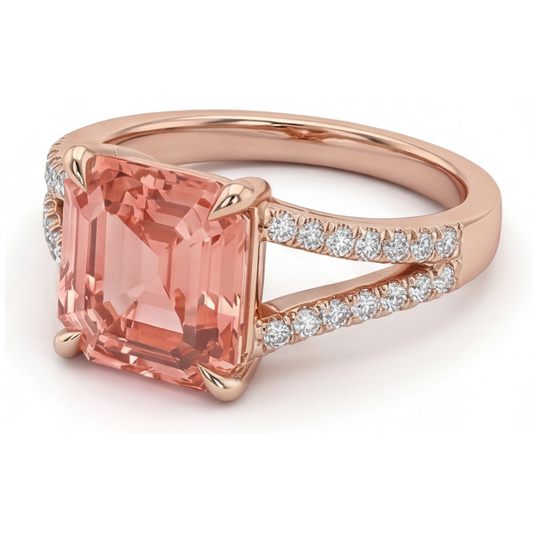 Pfirsich-Saphir-Verlobungsring, 4,3 Karat, im Labor gezüchtet, Padparadscha im Smaragdschliff, Pavé, 14 Karat Roségold