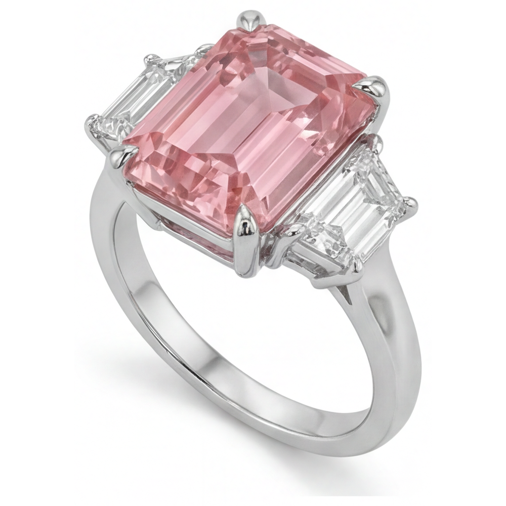 Pfirsich-Saphir-Ring, 4,6 Karat, im Labor gezüchteter Padparadscha im Smaragdschliff und weiße trapezförmige Steine, Dreistein-Kathedralring, 14 Karat Gold