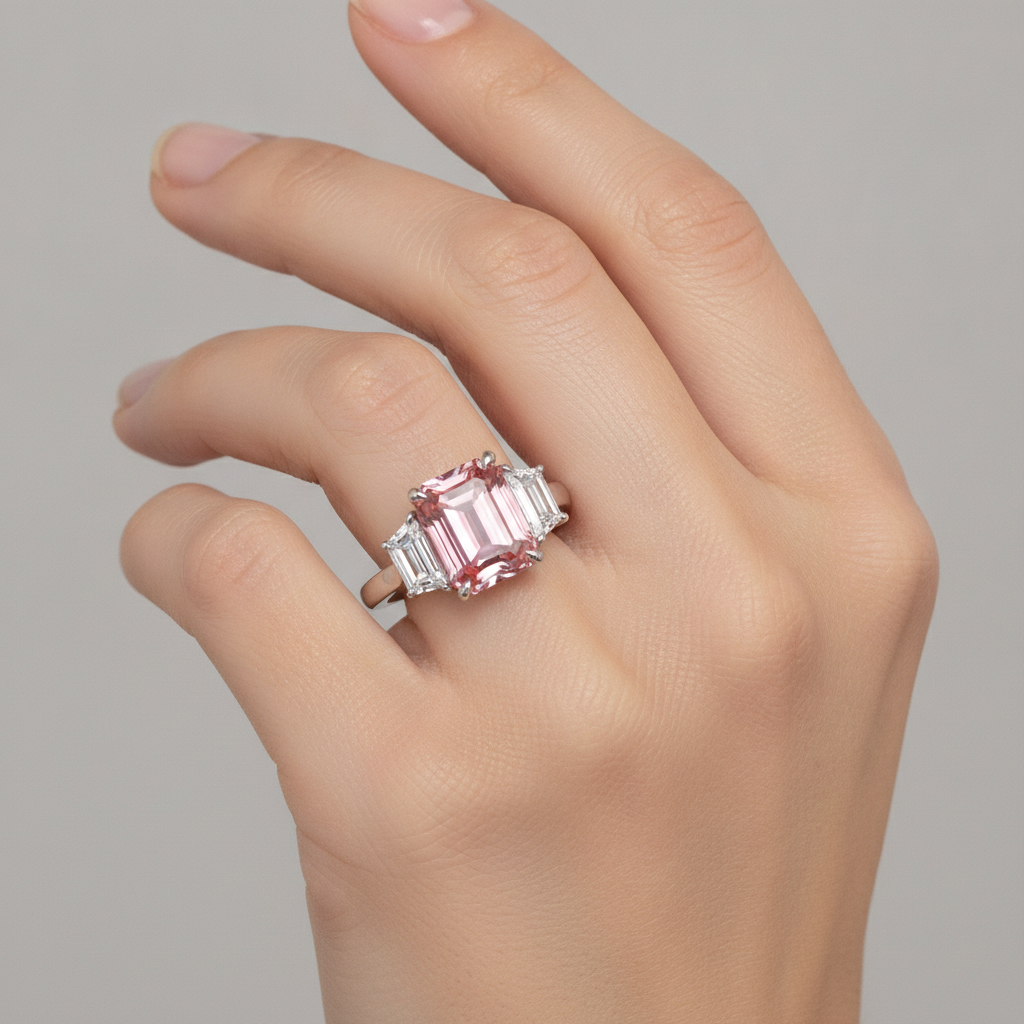 Pfirsich-Saphir-Ring, 4,6 Karat, im Labor gezüchteter Padparadscha im Smaragdschliff und weiße trapezförmige Steine, Dreistein-Kathedralring, 14 Karat Gold