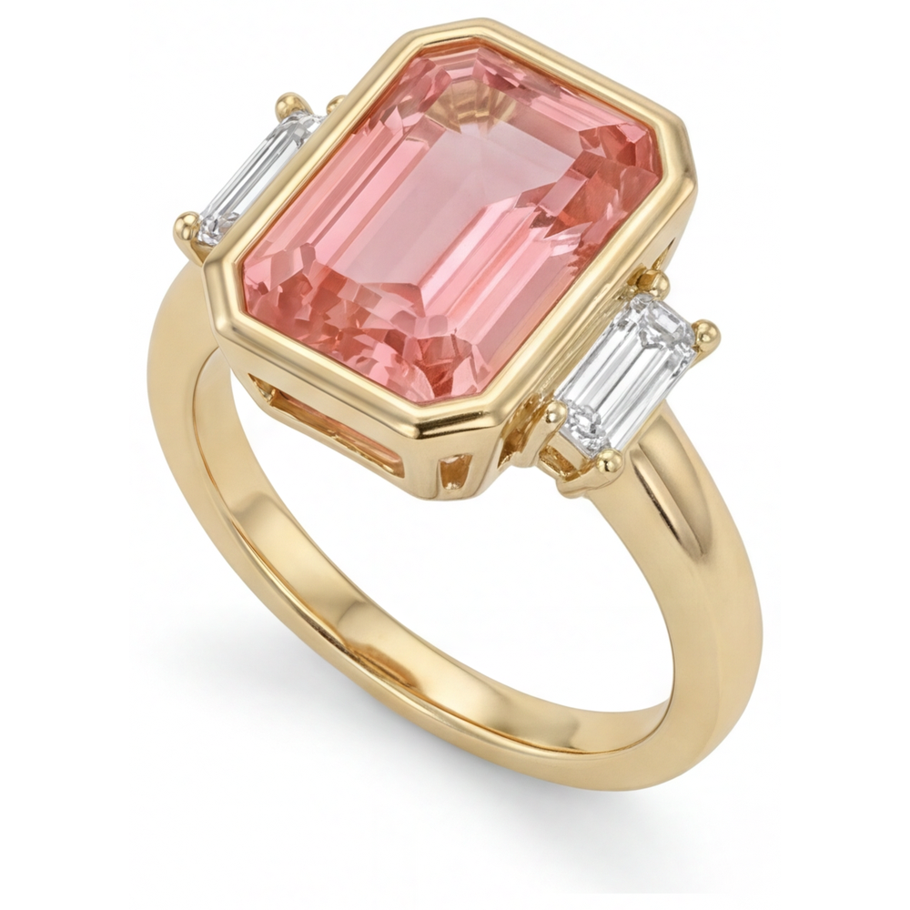 Laborgezüchteter Padparadscha-Saphir-Ring, 4,6 Karat, Smaragdschliff und weiße Baguettes, Lünette, Dreistein, 14 Karat Gelbgold