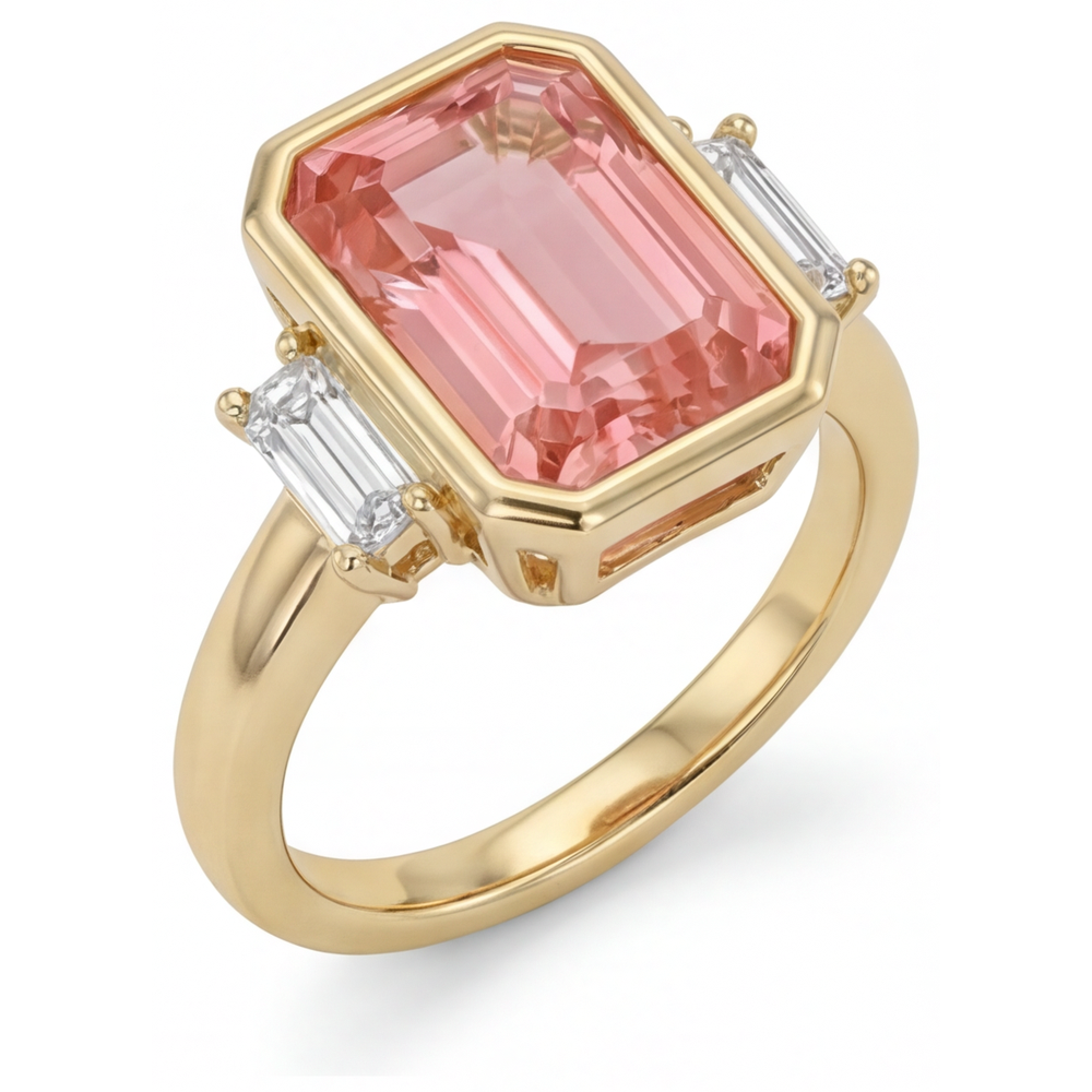 Laborgezüchteter Padparadscha-Saphir-Ring, 4,6 Karat, Smaragdschliff und weiße Baguettes, Lünette, Dreistein, 14 Karat Gelbgold
