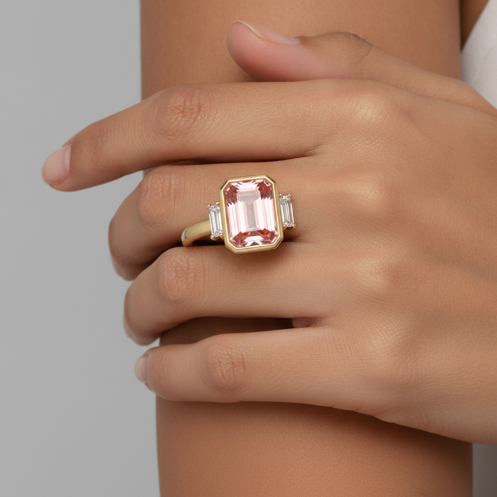 Laborgezüchteter Padparadscha-Saphir-Ring, 4,6 Karat, Smaragdschliff und weiße Baguettes, Lünette, Dreistein, 14 Karat Gelbgold