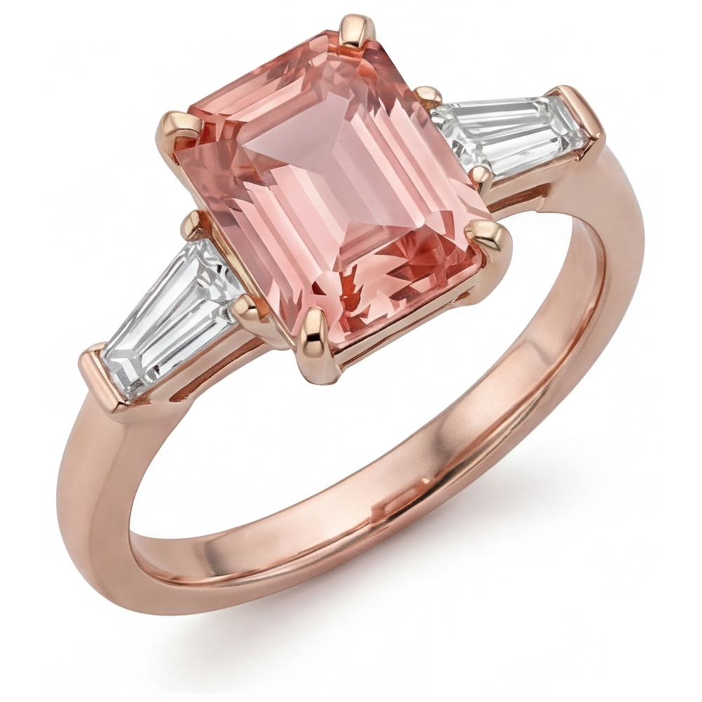 Dreistein-Ring mit pfirsichfarbenem Saphir, 4,6 Karat im Labor gezüchteter Padparadscha im Smaragdschliff und weiße Baguettes, 14 Karat Roségold