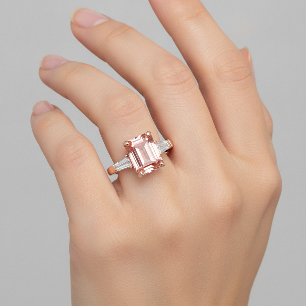 Dreistein-Ring mit pfirsichfarbenem Saphir, 4,6 Karat im Labor gezüchteter Padparadscha im Smaragdschliff und weiße Baguettes, 14 Karat Roségold
