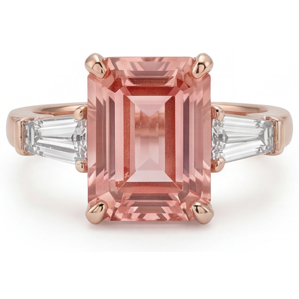Dreistein-Ring mit pfirsichfarbenem Saphir, 4,6 Karat im Labor gezüchteter Padparadscha im Smaragdschliff und weiße Baguettes, 14 Karat Roségold