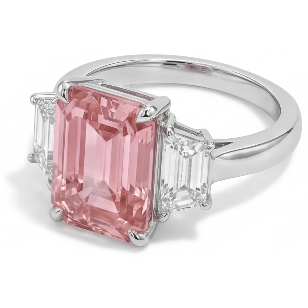 Pfirsichfarbener Padparadscha-Saphir, 4,6 Karat, im Labor gezüchtet, Smaragdschliff und weiße Trapeze, schlichter Dreisteinring, 14 Karat Gold