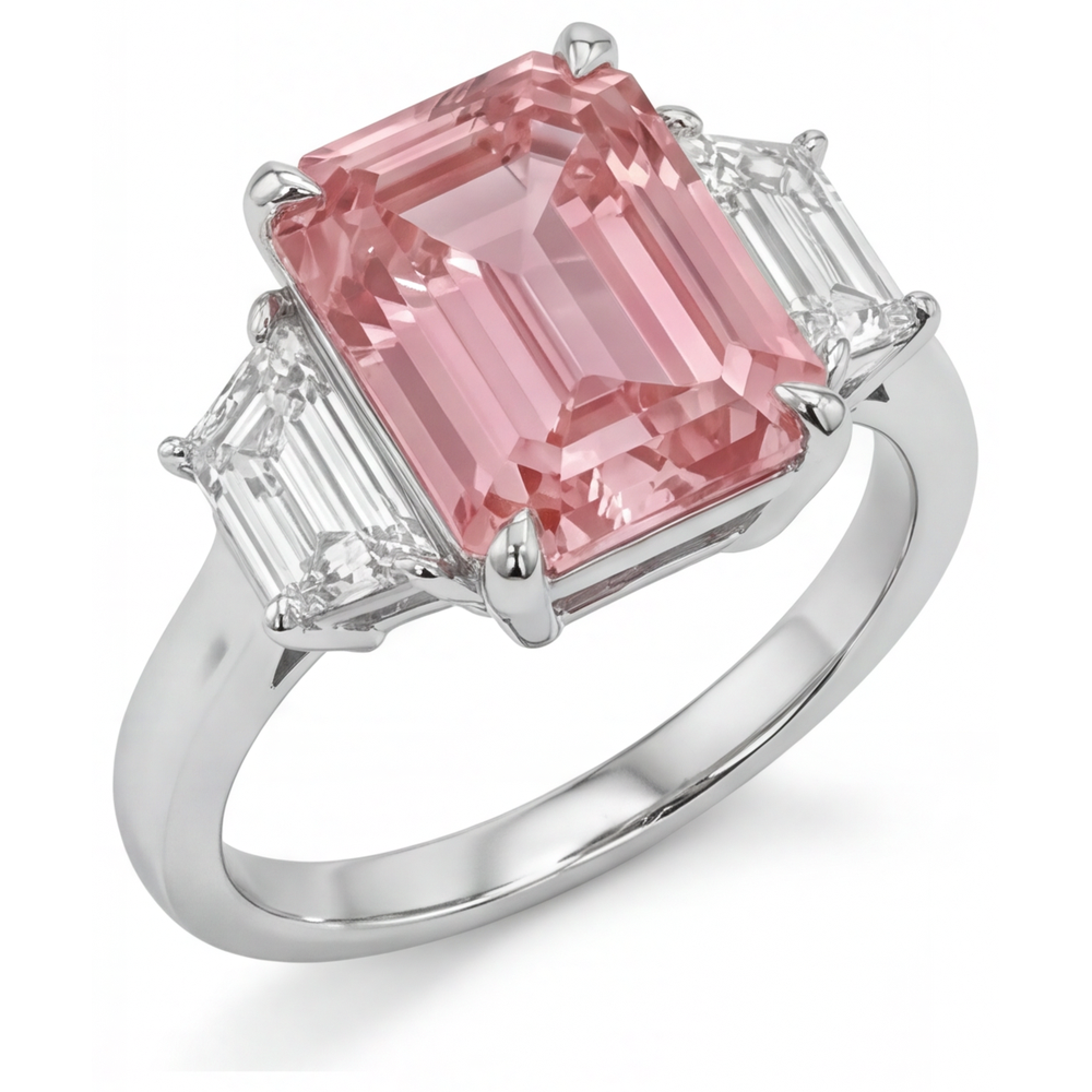 Pfirsichfarbener Padparadscha-Saphir, 4,6 Karat, im Labor gezüchtet, Smaragdschliff und weiße Trapeze, schlichter Dreisteinring, 14 Karat Gold