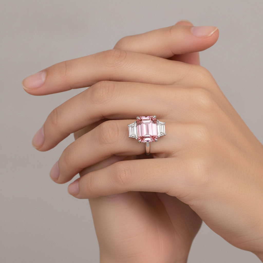 Pfirsichfarbener Padparadscha-Saphir, 4,6 Karat, im Labor gezüchtet, Smaragdschliff und weiße Trapeze, schlichter Dreisteinring, 14 Karat Gold