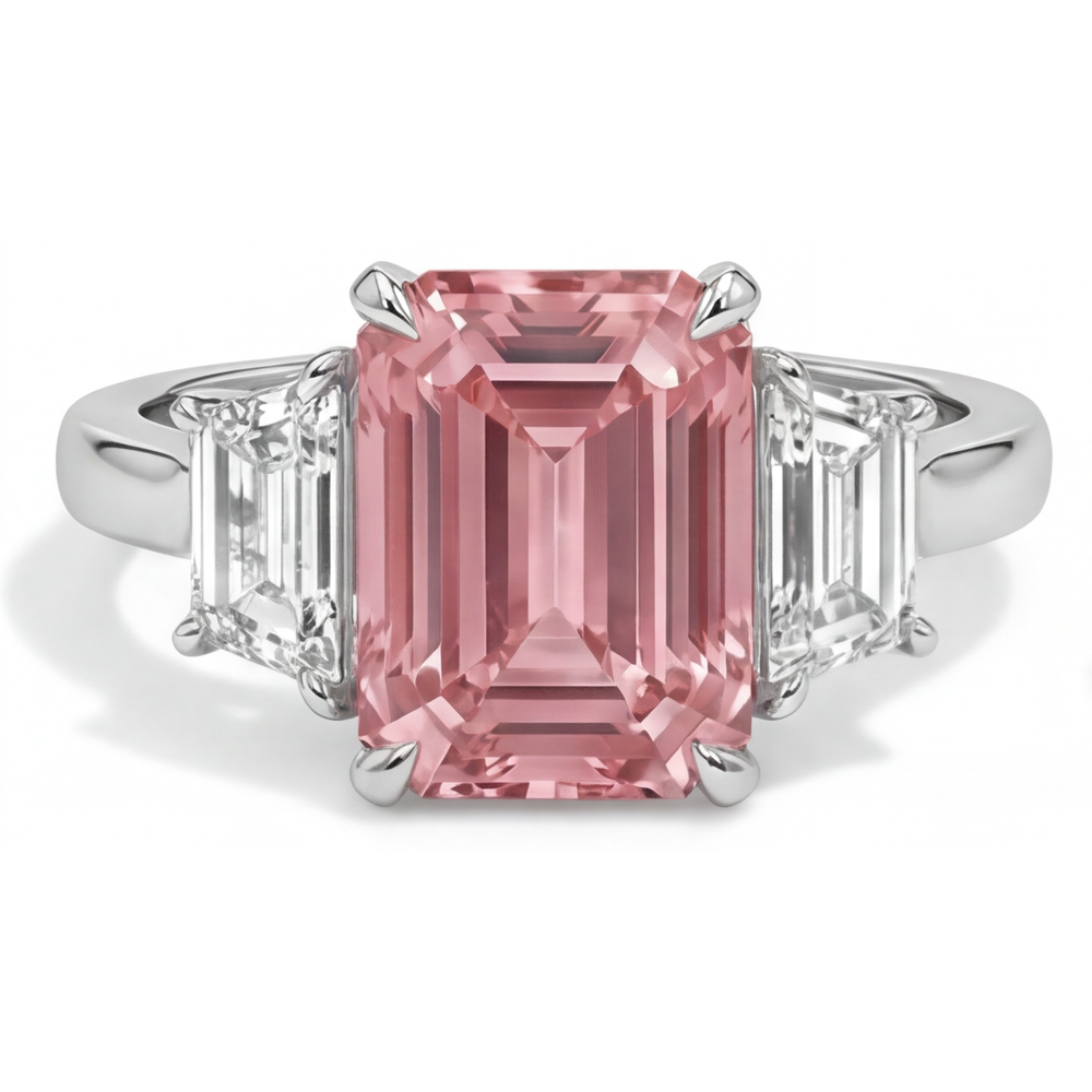 Pfirsichfarbener 4,6 Karat im Labor gezüchteter Padparadscha-Saphir im Smaragdschliff und weiße Trapeze, schlichter Dreisteinring aus 14 Karat Gold