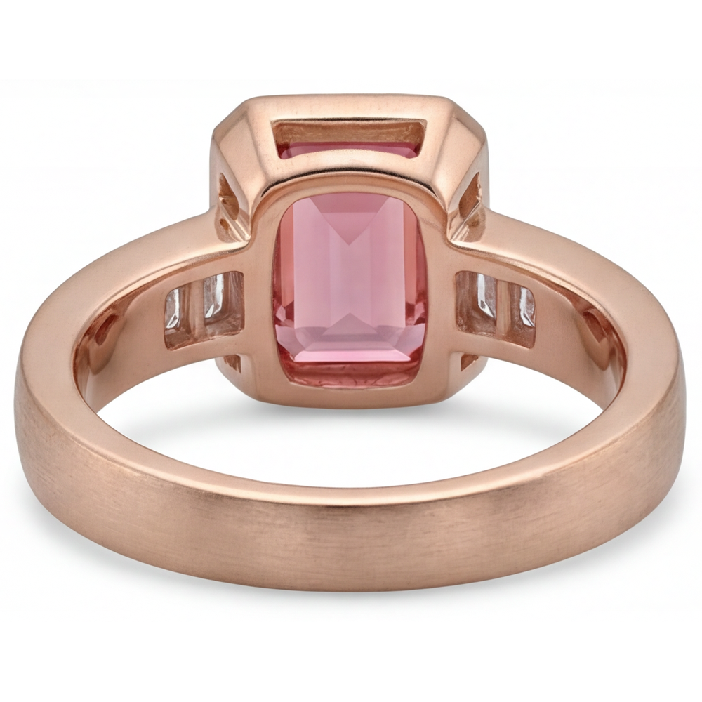 Oranger Padparadscha-Saphir-Ring 2,9 Karat, echter Smaragd und weiße Baguette-Lünette, Dreistein, 14 Karat Roségold