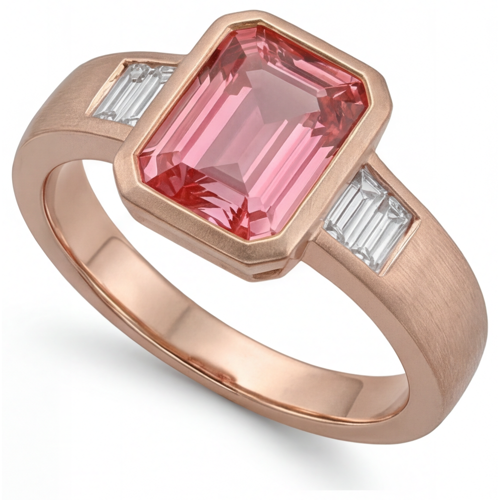 Oranger Padparadscha-Saphir-Ring 2,9 Karat, echter Smaragd und weiße Baguette-Lünette, Dreistein, 14 Karat Roségold