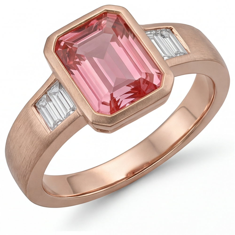 Oranger Padparadscha-Saphir-Ring 2,9 Karat, echter Smaragd und weiße Baguette-Lünette, Dreistein, 14 Karat Roségold