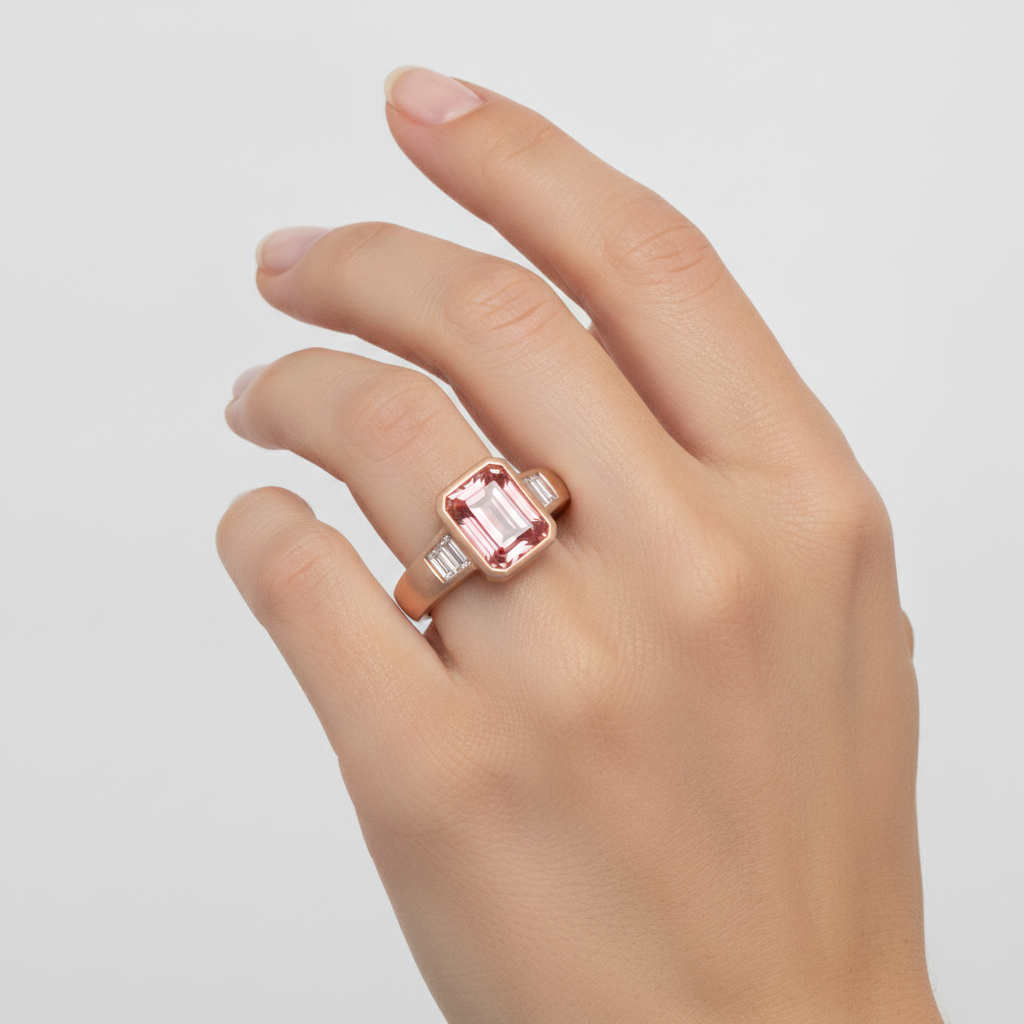 Oranger Padparadscha-Saphir-Ring 2,9 Karat, echter Smaragd und weiße Baguette-Lünette, Dreistein, 14 Karat Roségold