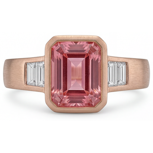 Oranger Padparadscha-Saphir-Ring 2,9 Karat, echter Smaragd und weiße Baguette-Lünette, Dreistein, 14 Karat Roségold