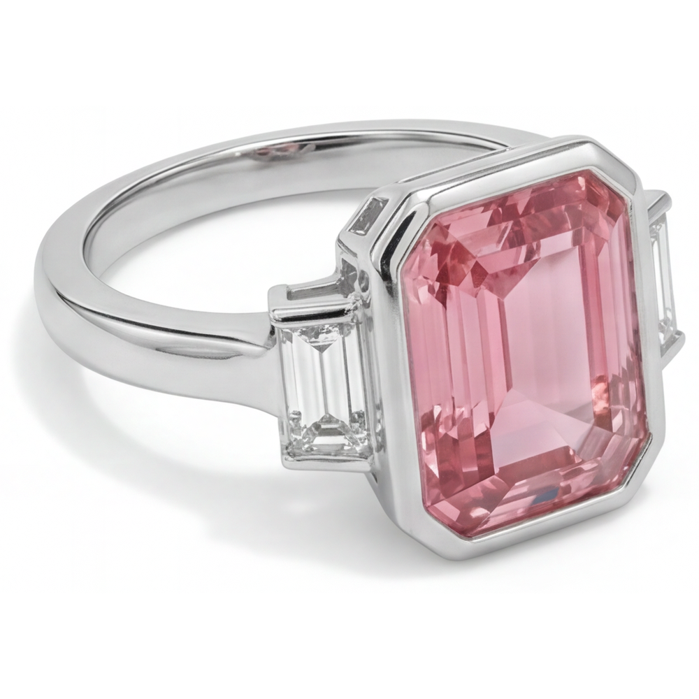 Padparadscha-Verlobungsring, 3,9 Karat, echter Saphir im Smaragdschliff und weiße Baguettes, Lünette, Dreistein, 14 Karat Gold