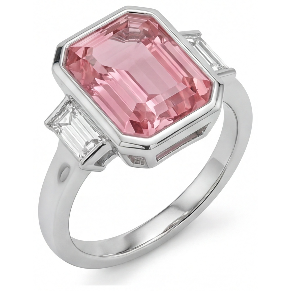 Padparadscha-Verlobungsring, 3,9 Karat, echter Saphir im Smaragdschliff und weiße Baguettes, Lünette, Dreistein, 14 Karat Gold