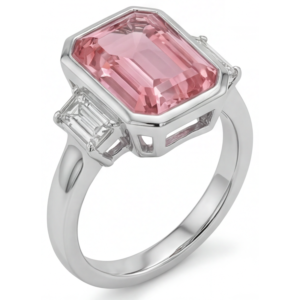 Padparadscha-Verlobungsring, 3,9 Karat, echter Saphir im Smaragdschliff und weiße Baguettes, Lünette, Dreistein, 14 Karat Gold