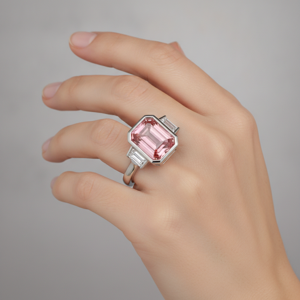 Padparadscha-Verlobungsring, 3,9 Karat, echter Saphir im Smaragdschliff und weiße Baguettes, Lünette, Dreistein, 14 Karat Gold