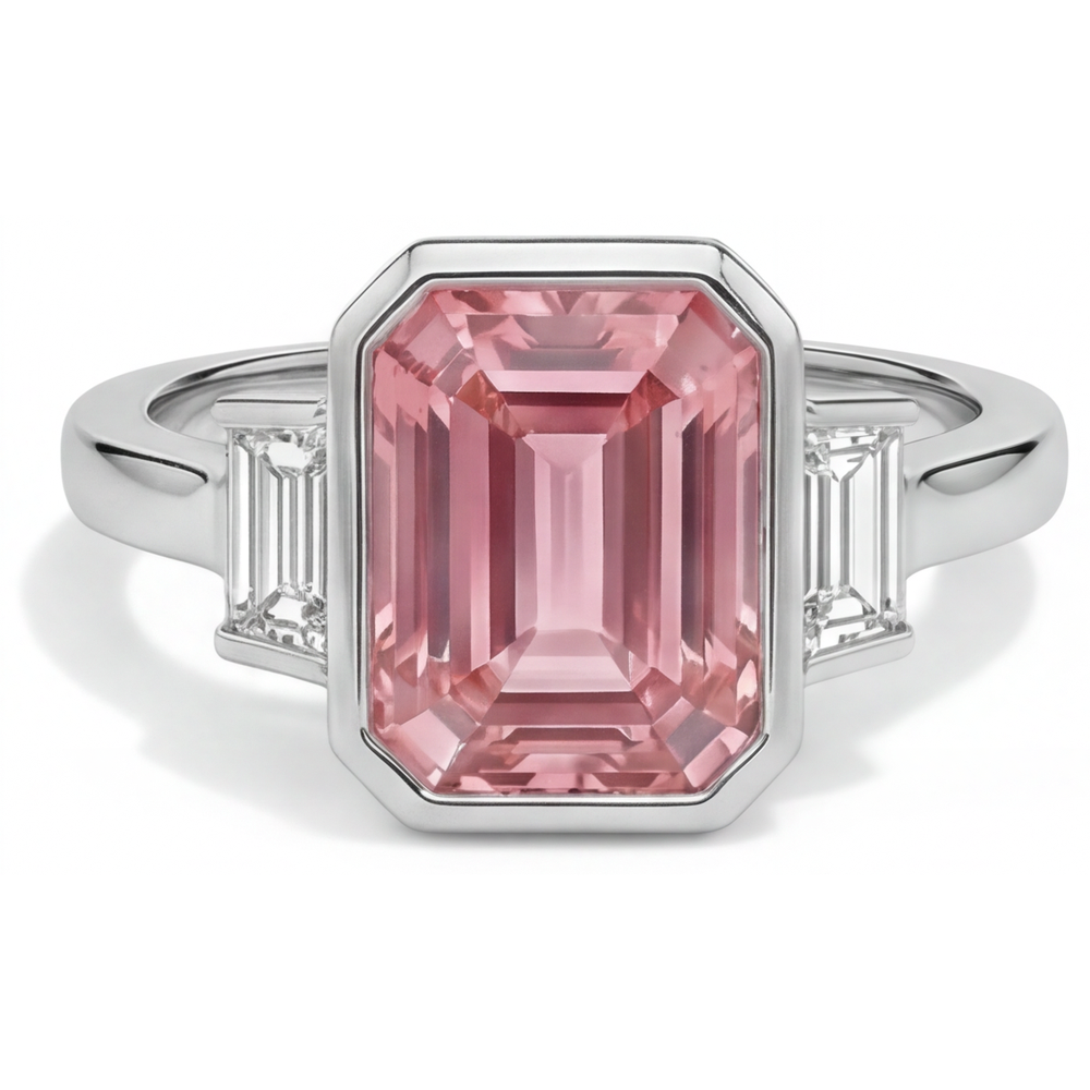 Padparadscha-Verlobungsring, 3,9 Karat, echter Saphir im Smaragdschliff und weiße Baguettes, Lünette, Dreistein, 14 Karat Gold