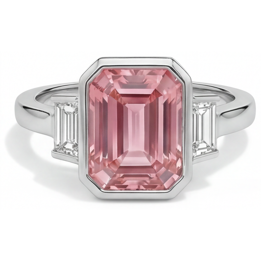 Padparadscha-Verlobungsring, 3,9 Karat, echter Saphir im Smaragdschliff und weiße Baguettes, Lünette, Dreistein, 14 Karat Gold