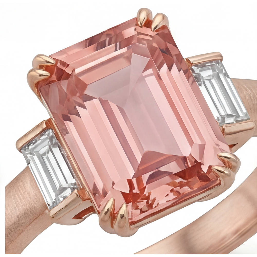 Oranger Padparadscha-Saphir-Ring 3,9 Karat, echter Smaragd und weiße Baguettes, Drei-Steine-Ring, 14 Karat Roségold