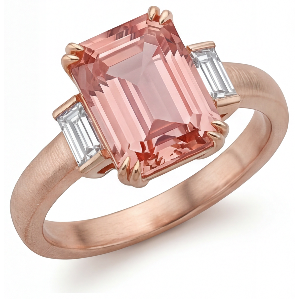 Oranger Padparadscha-Saphir-Ring 3,9 Karat, echter Smaragd und weiße Baguettes, Drei-Steine-Ring, 14 Karat Roségold