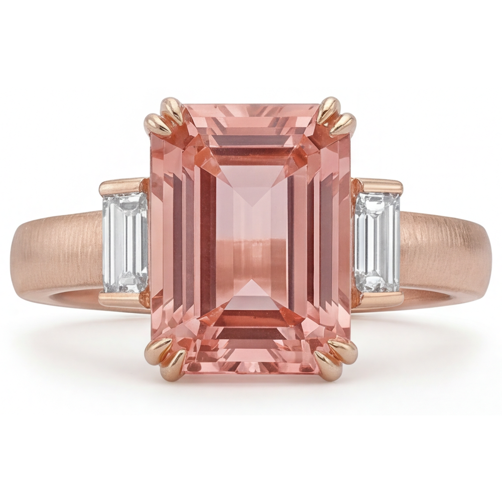 Oranger Padparadscha-Saphir-Ring 3,9 Karat, echter Smaragd und weiße Baguettes, Drei-Steine-Ring, 14 Karat Roségold