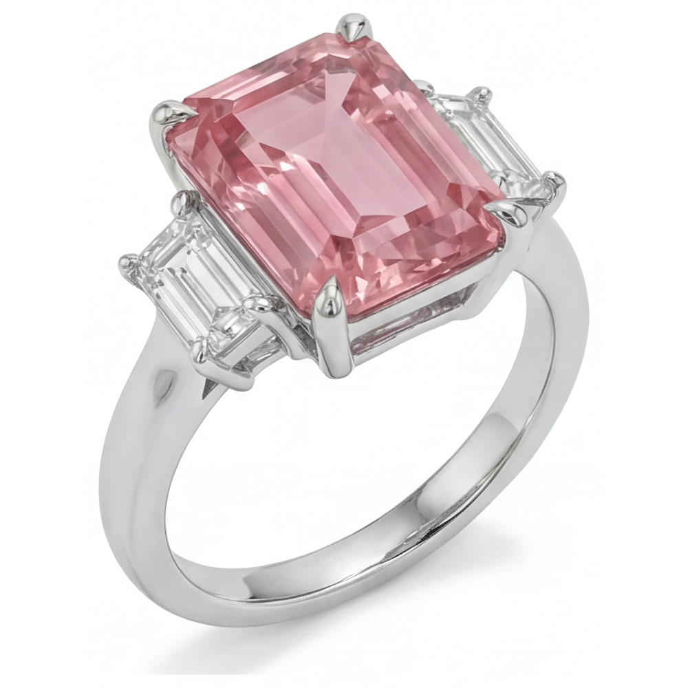 Padparadscha-Ring, 2,9 Karat echter Saphir im Smaragdschliff und weiße Baguettes, Dreistein-Ring, schlichtes 14 Karat Gold