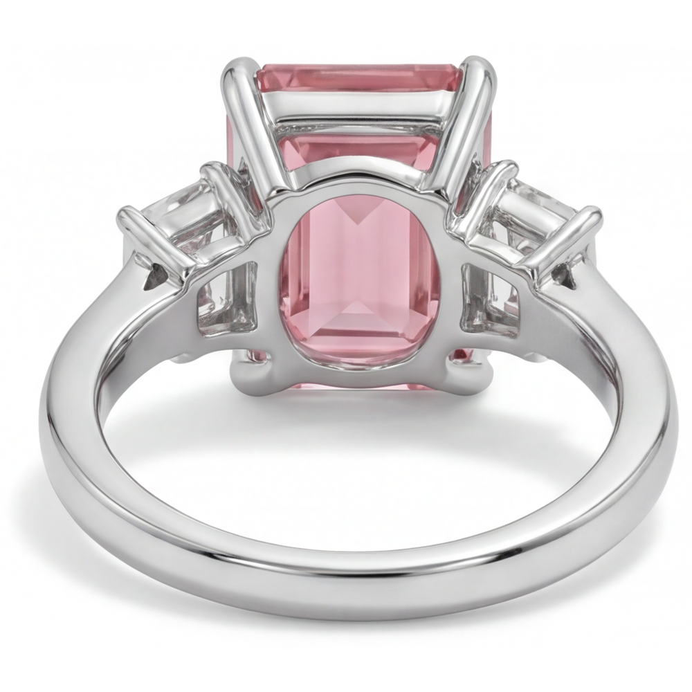 Padparadscha-Ring, 2,9 Karat echter Saphir im Smaragdschliff und weiße Baguettes, Dreistein-Ring, schlichtes 14 Karat Gold