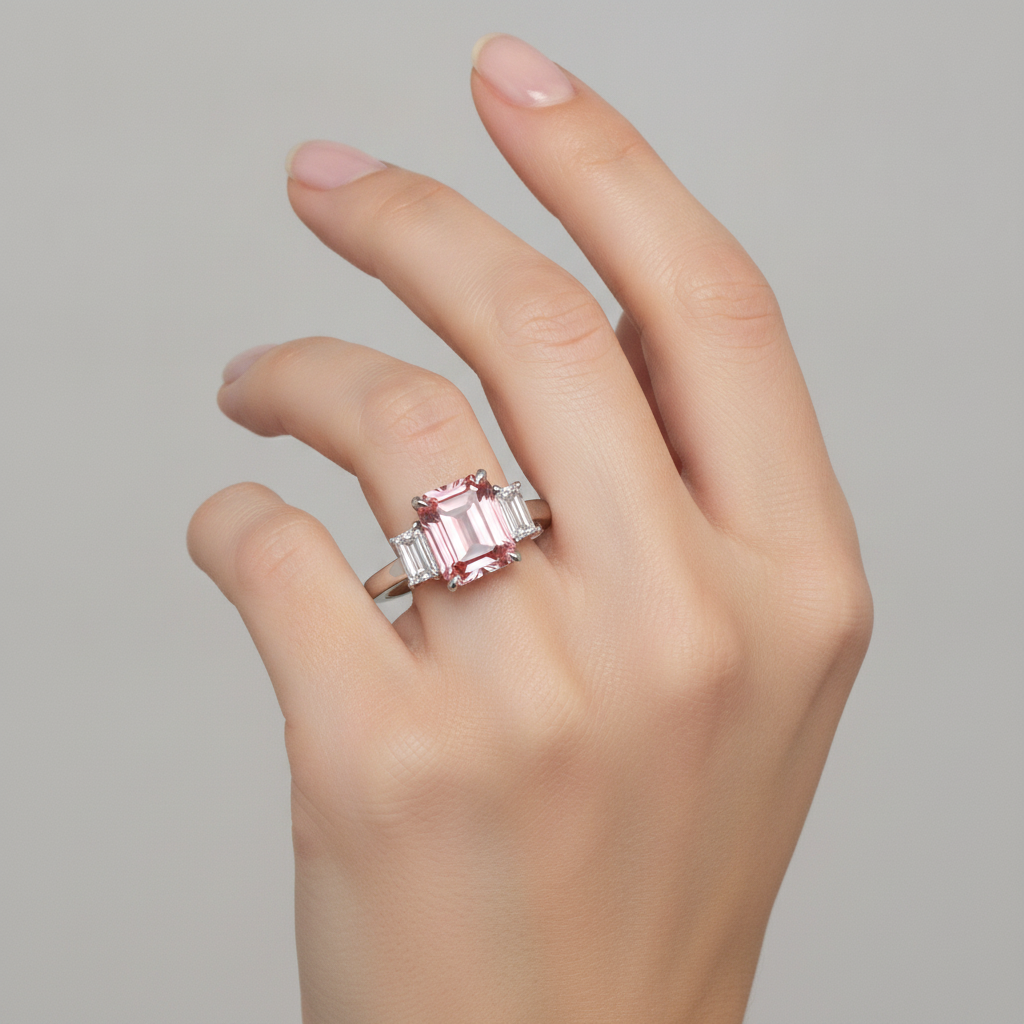 Padparadscha-Ring, 2,9 Karat echter Saphir im Smaragdschliff und weiße Baguettes, Dreistein-Ring, schlichtes 14 Karat Gold