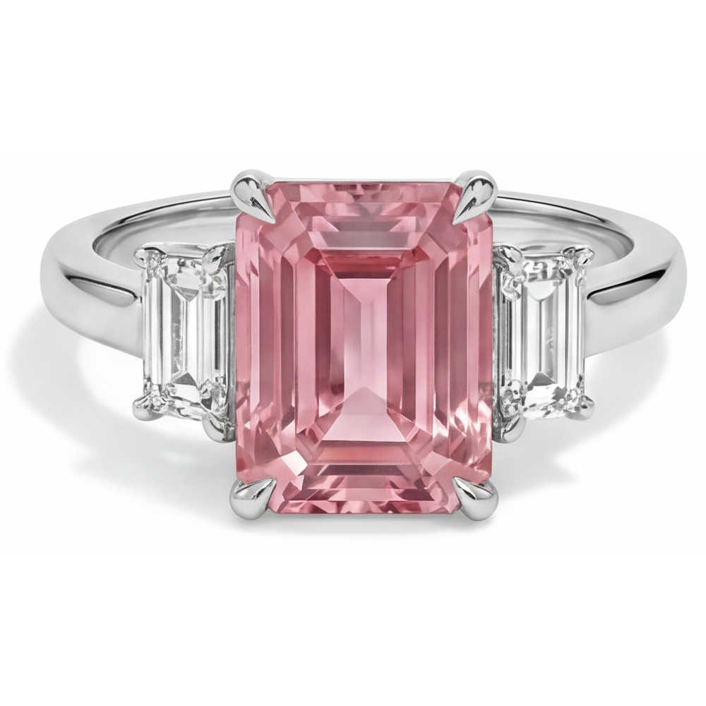 Padparadscha-Ring, 2,9 Karat echter Saphir im Smaragdschliff und weiße Baguettes, Dreistein-Ring, schlichtes 14 Karat Gold